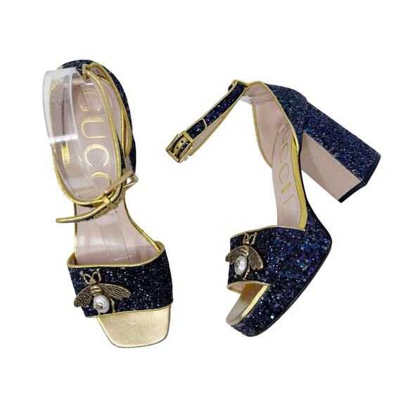 GUCCI Soko Bee Blue Glitter Platform Heels Gold
Trim Ankle Strap Size 38.5 - Picture 1 of 16